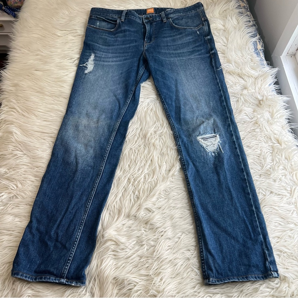 Hugo Boss Orange 63 Traveler Slim Fit Blue Jeans Distressed Men’s Size 36x32